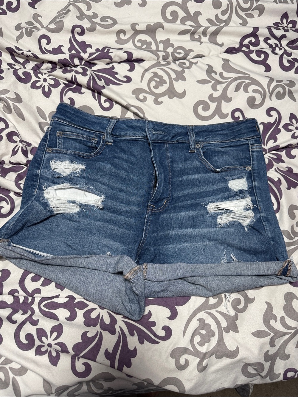 American Eagle Outfitters Dark Blue Distressed Rolled-Hem Jean Shorts